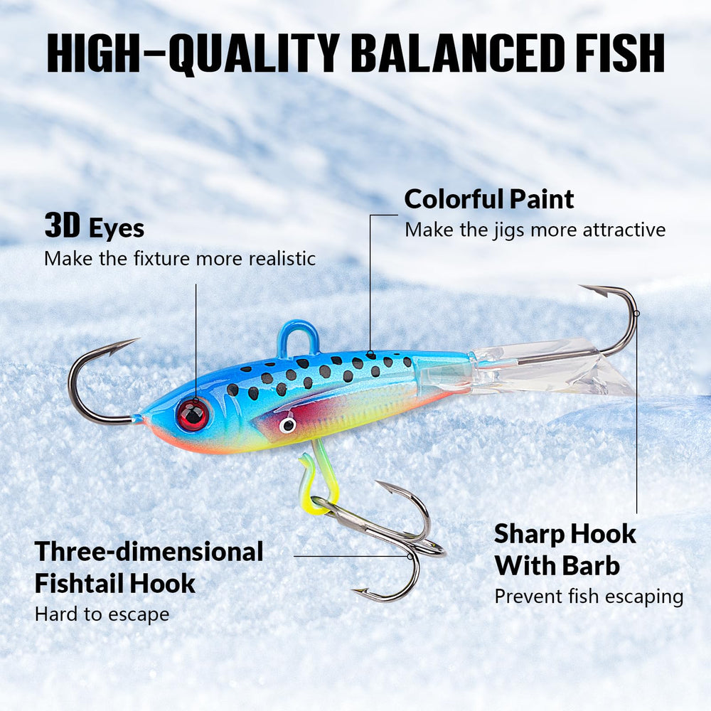 THKFISH ice lures show raised-eye detail for realistic presentation.