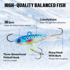 THKFISH ice lures show raised-eye detail for realistic presentation.
