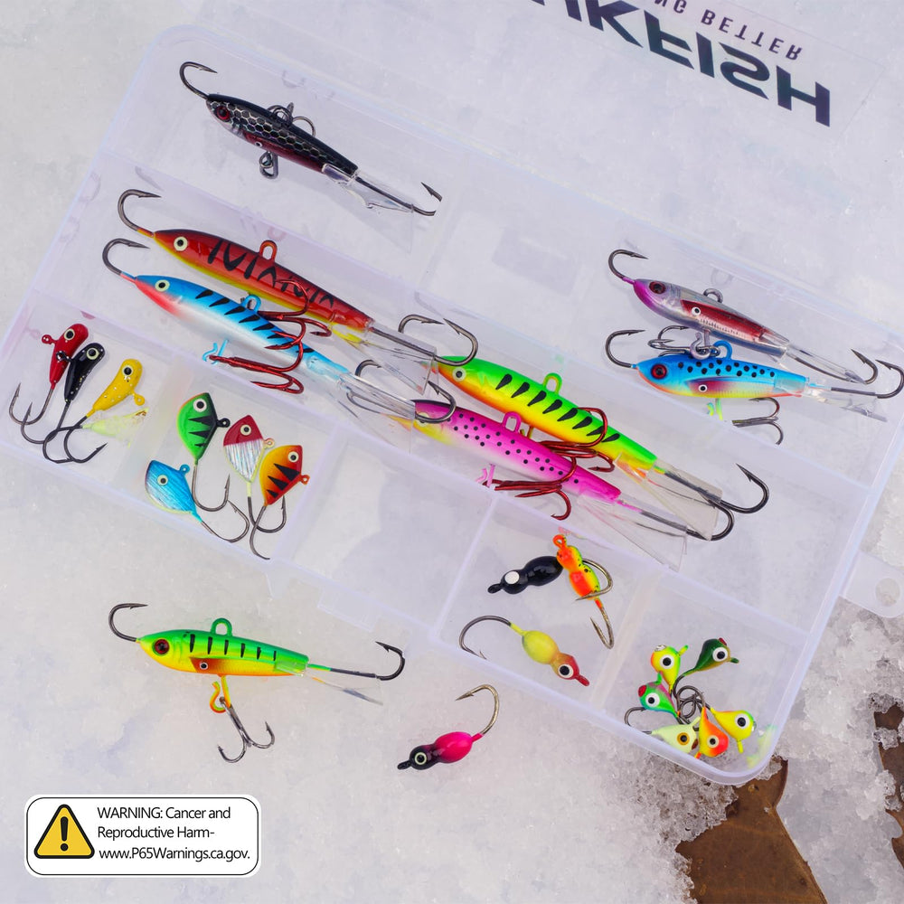THKFISH packaging keeps lures organized in a clear storage box.