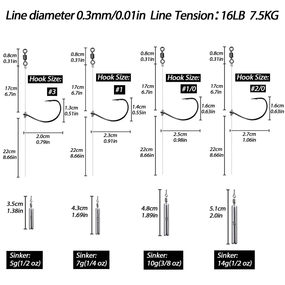 Various hook sizes and weights for different bass setups