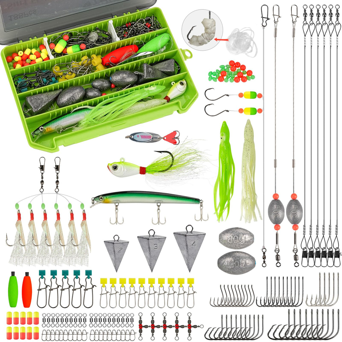 Contents of THKFISH Surf Fishing Tackle Kit laid out with tackle box