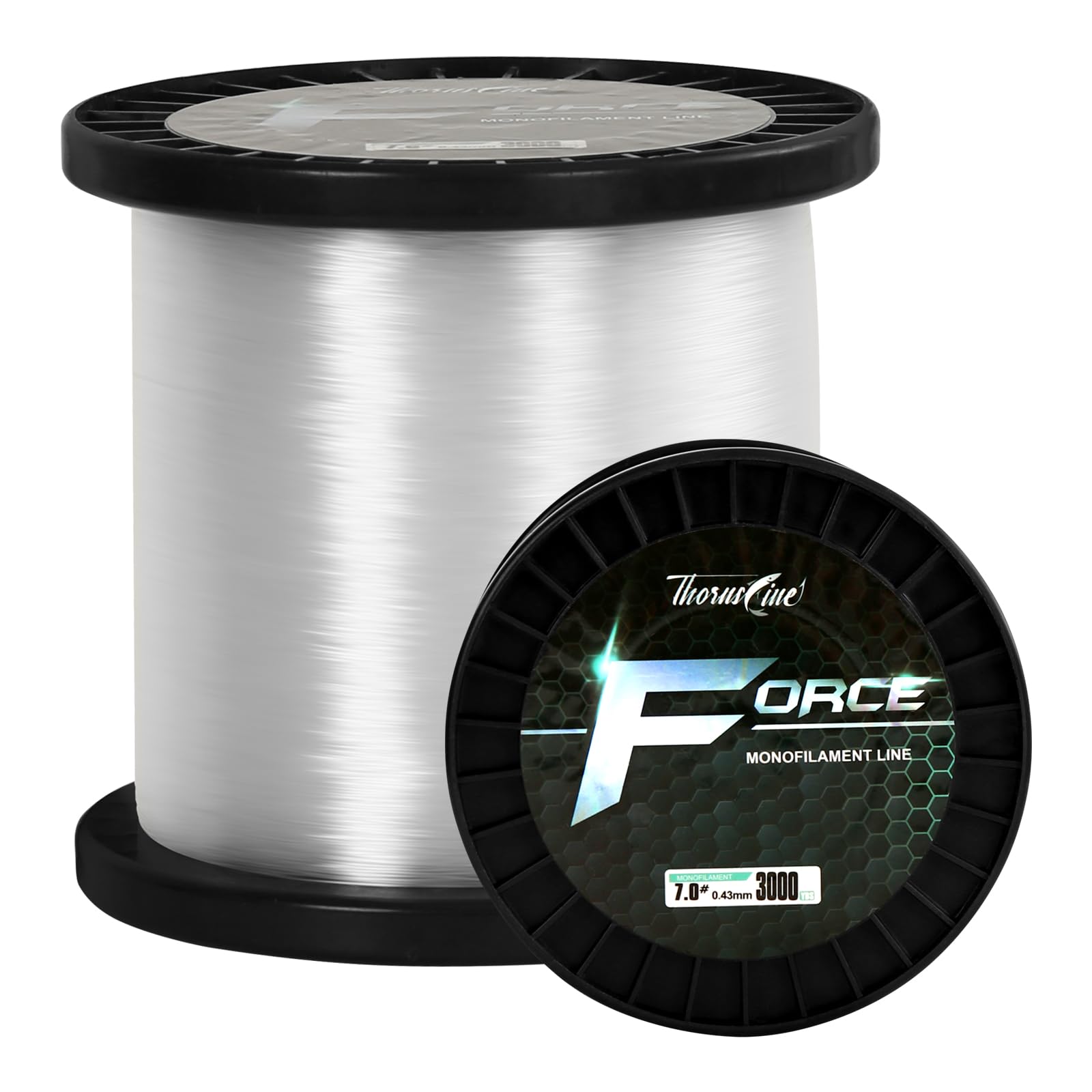ThornsLine Force monofilament spool shows durable leader material for aggressive casts.