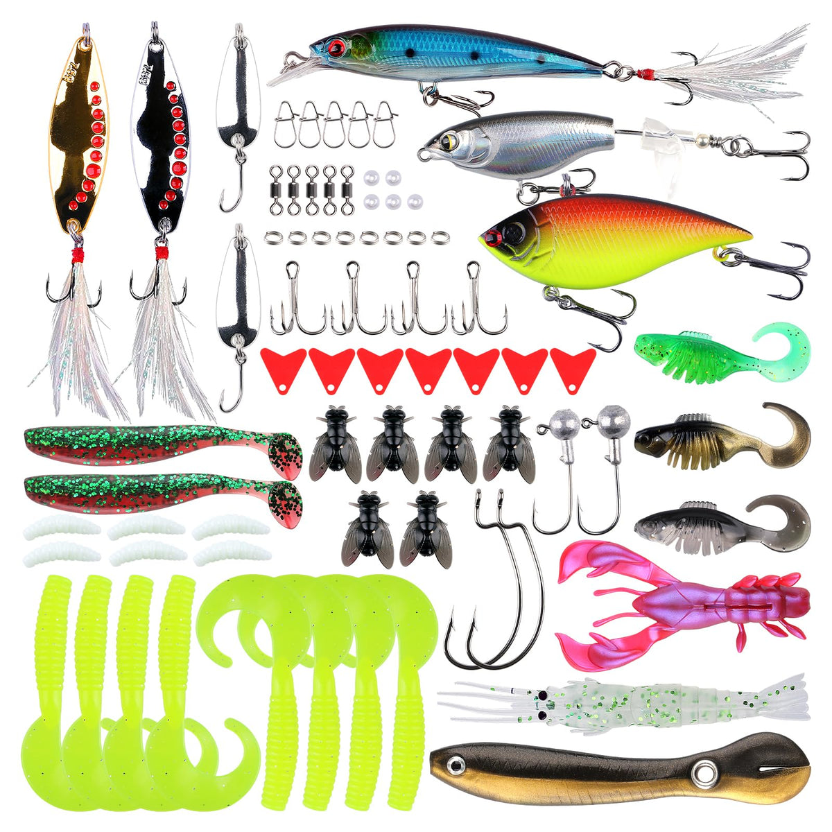 THOUISLAND 73-Piece Pro Fishing Tackle Box with Crankbaits, Spinner Baits, Swim Baits, and VIB