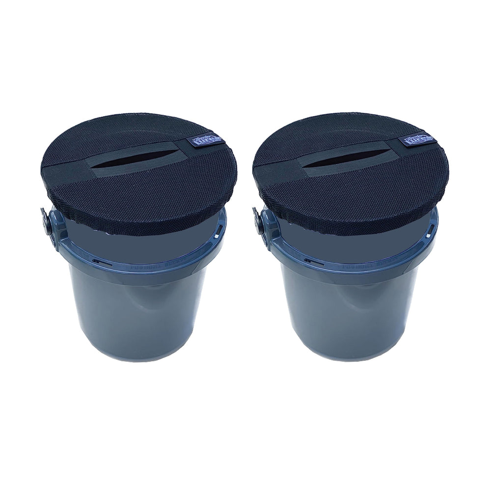 Thrasher Lures bucket cover on a standard 5-gallon bucket with black mesh