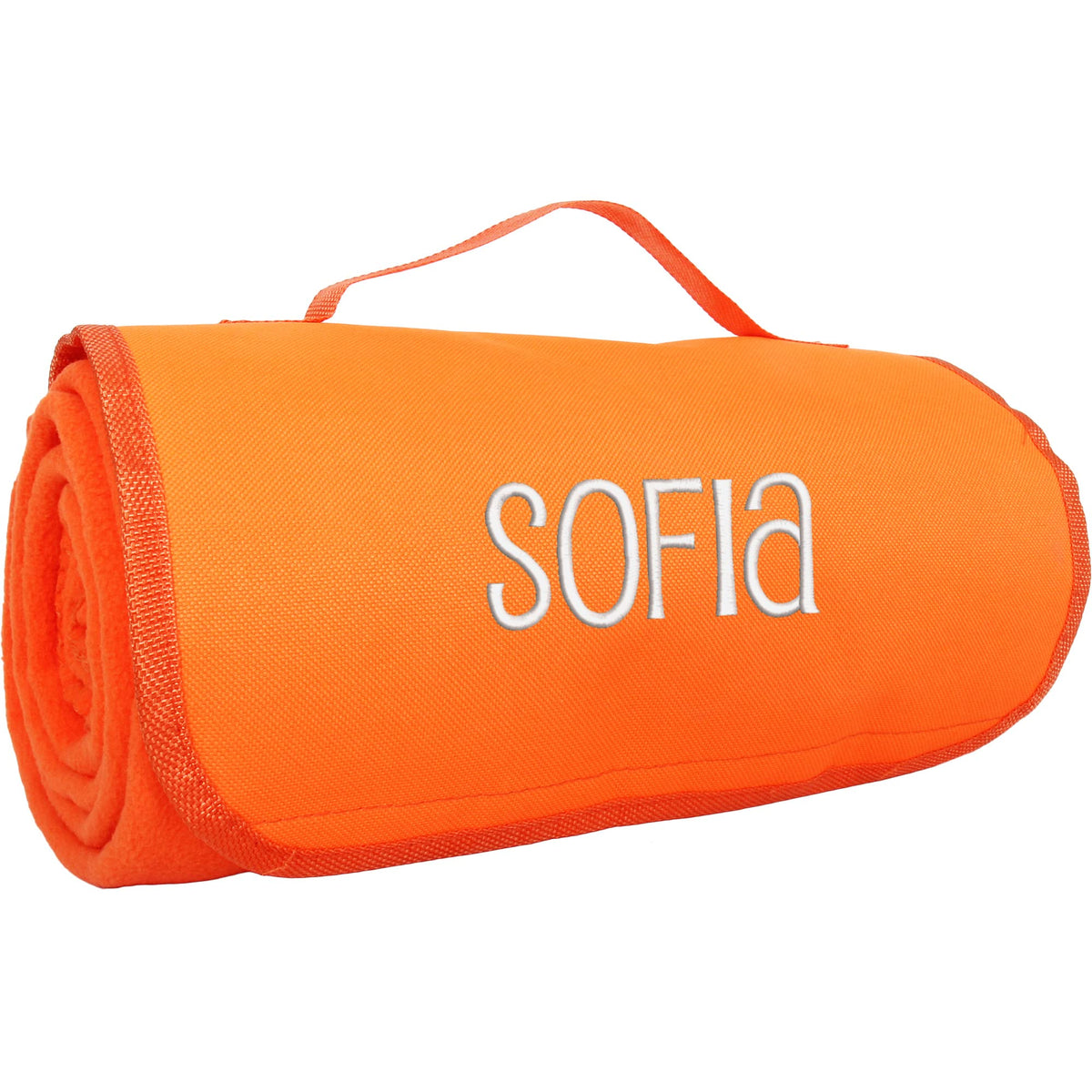 Threadart personalized embroidered blanket with carrying strap for easy travel at events.