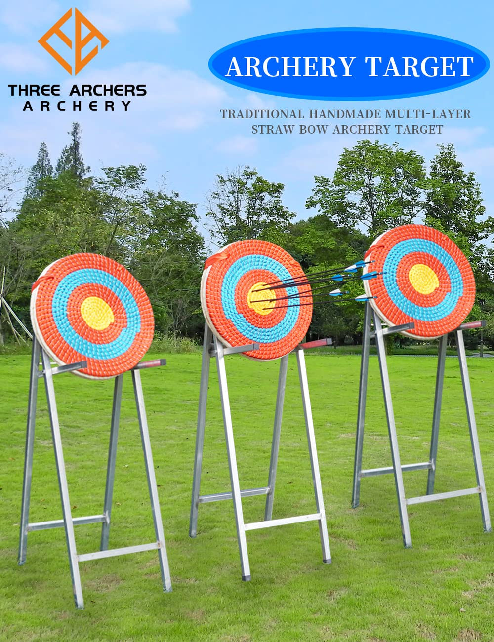 Three Archers straw archery target hanging lanyards enable easy outdoor setup