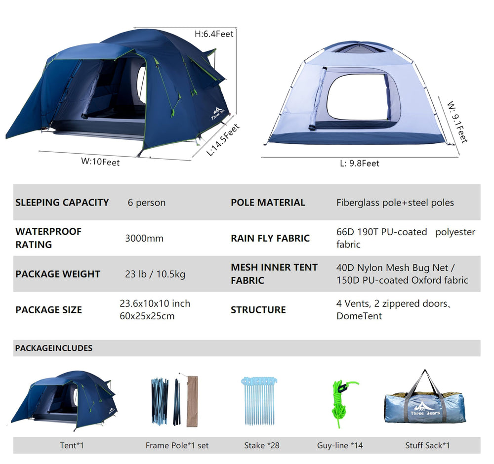 Three Bears Outdoor 6P tent interior spaciousness supports family comfort