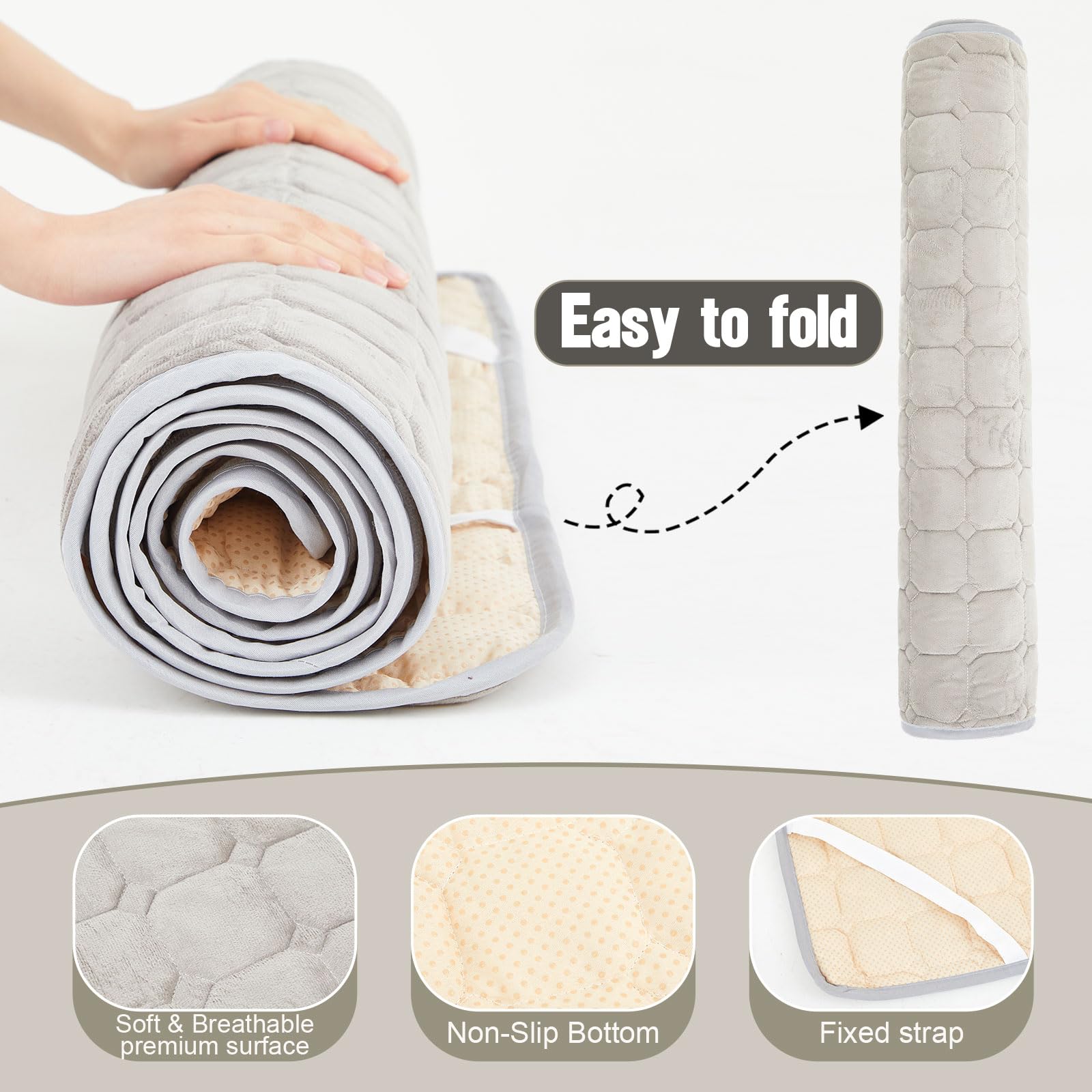 Threehoney cot topper non-slip bottom helps stay in place on camp beds.