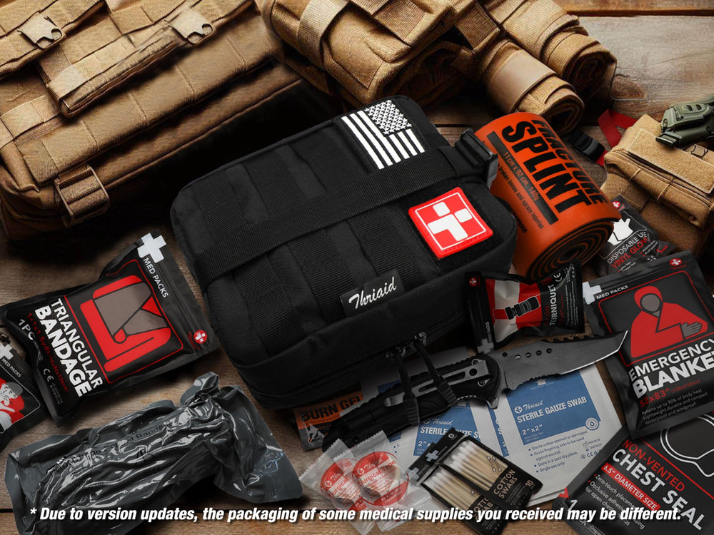 THRIAID Survival IFAK chest seal inside pack enables rapid bleeding control readiness.