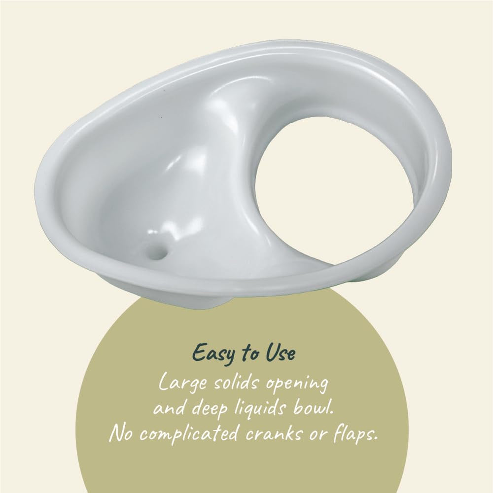 Throne Urine Diverter deep liquids bowl reduces overflow during use.