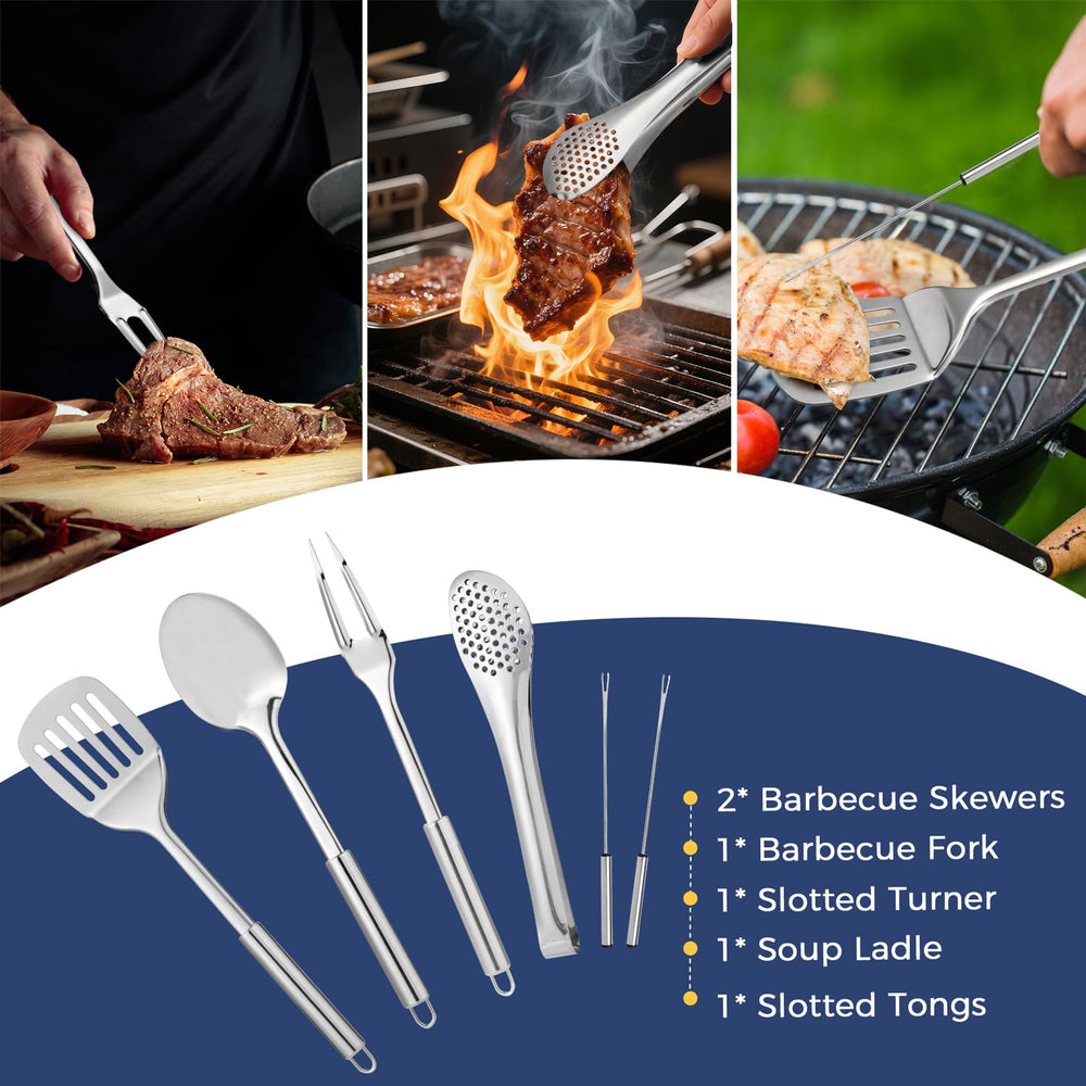 THTYBROS outdoor cooking on a campfire with durable rust-resistant tools.
