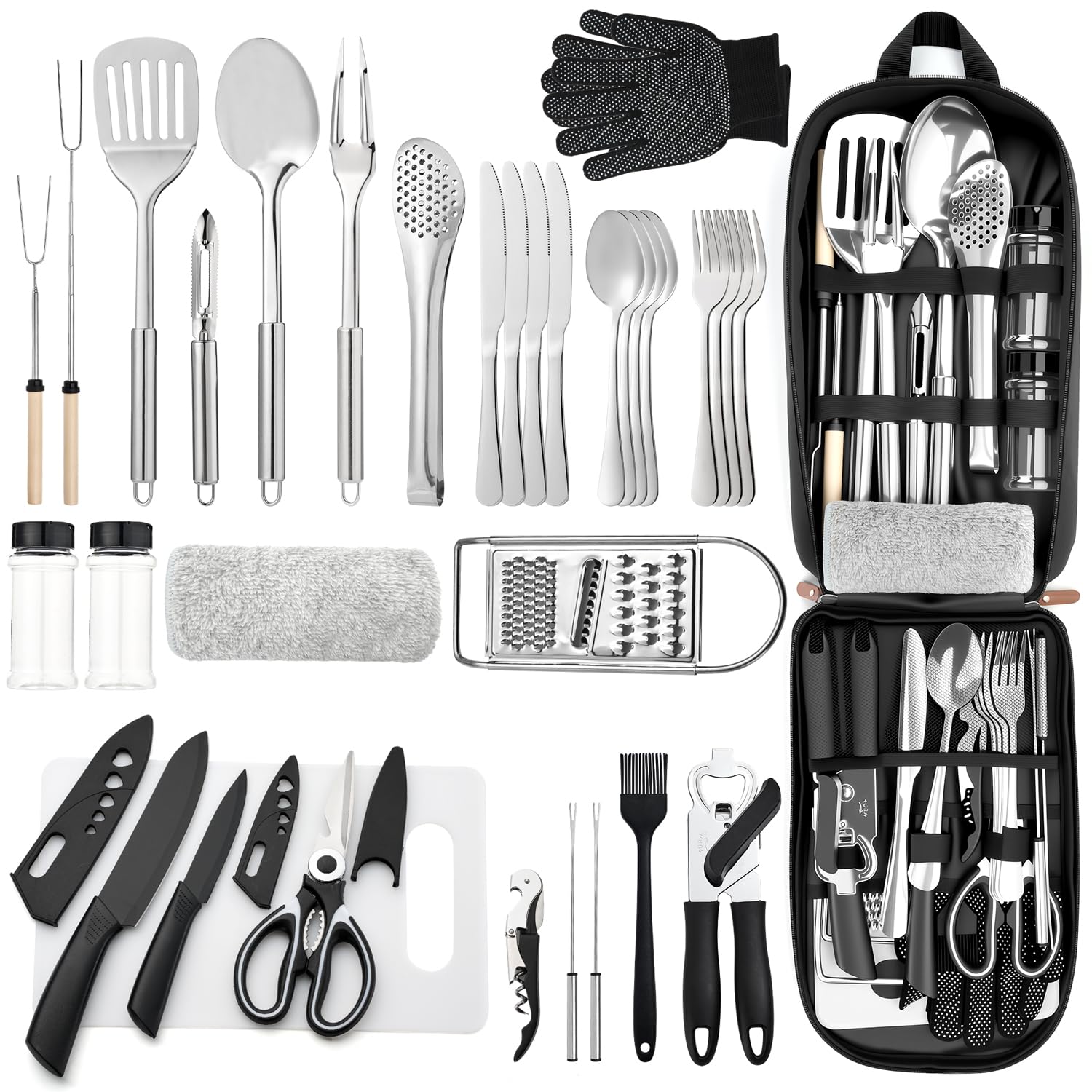 THTYBROS portable camping kitchen 34pcs set organized in a durable organizer for travel.