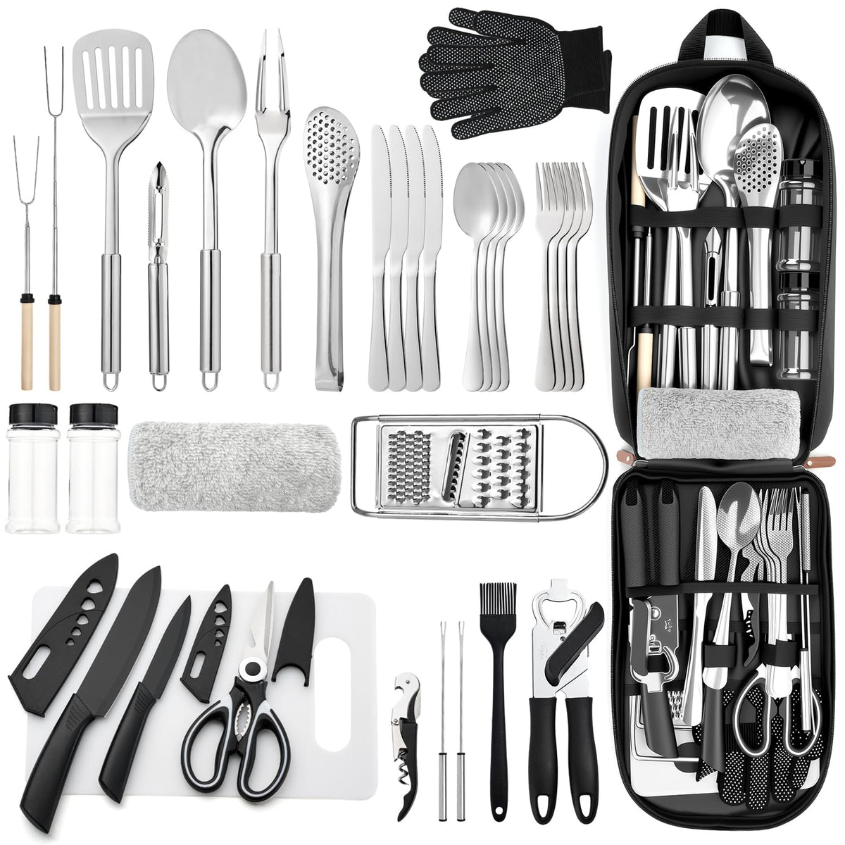 THTYBROS portable camping kitchen 34pcs set organized in a durable organizer for travel.