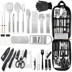 THTYBROS portable camping kitchen 34pcs set organized in a durable organizer for travel.