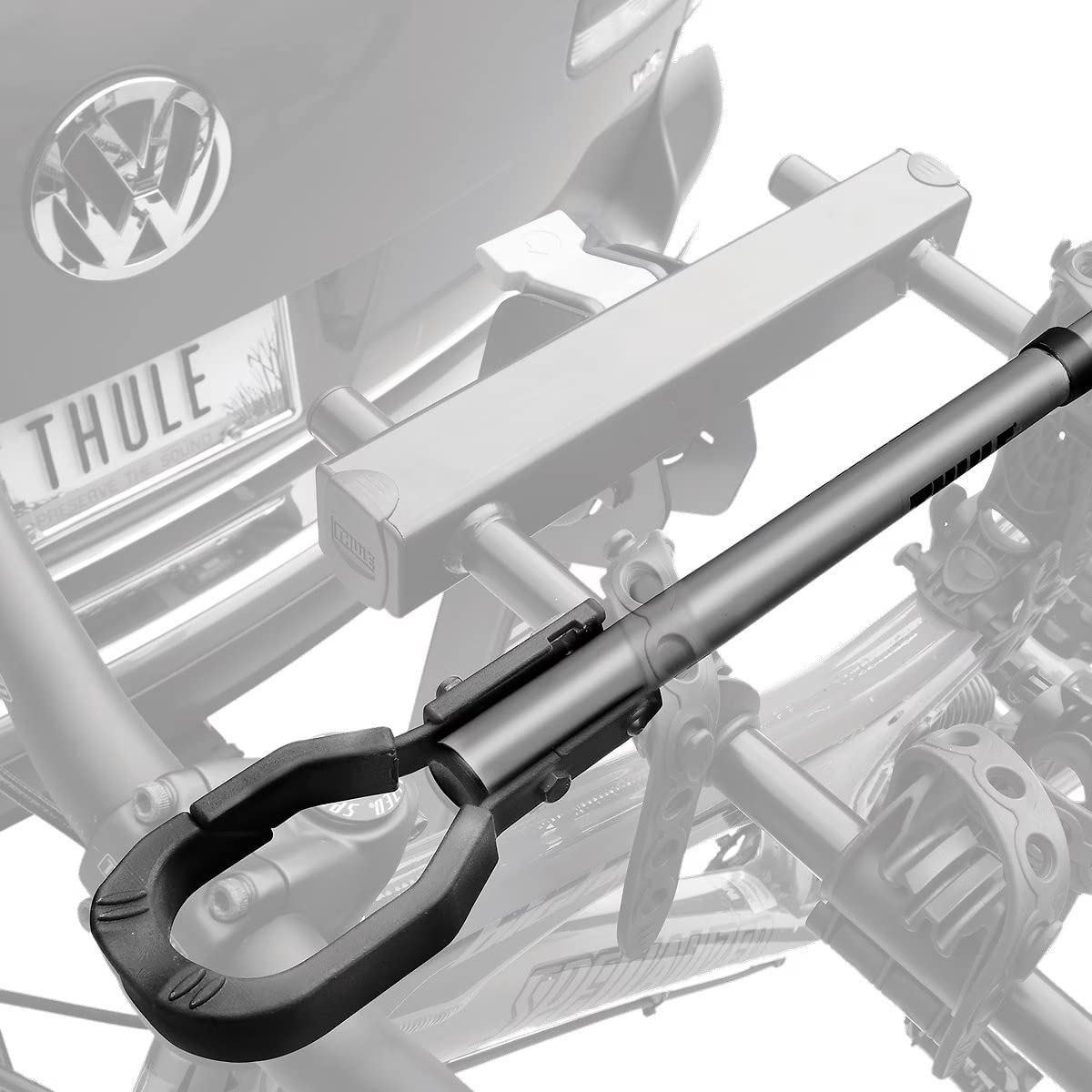 Thule 982XT frame adapter showing padded collars protecting bike finish during quick mounting.