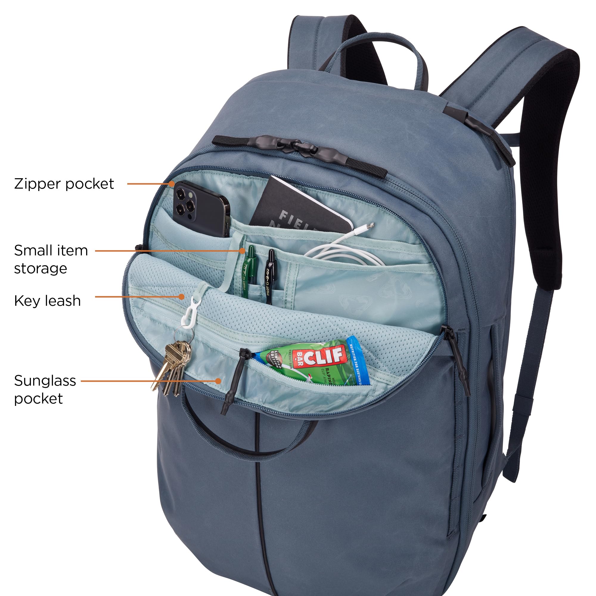 Thule Aion Travel Backpack 40L side view highlights accessible storage layout.