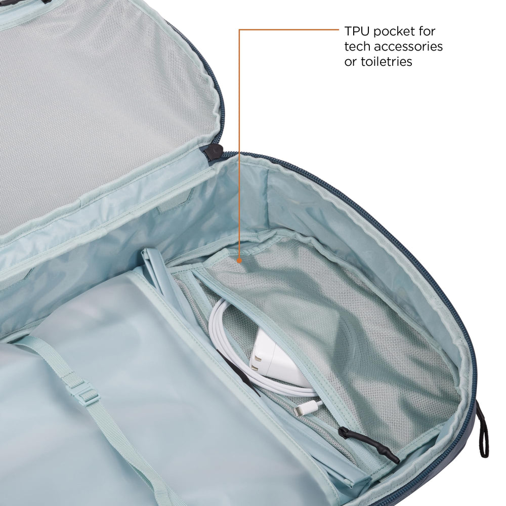 Thule Aion Travel Backpack 40L compatible with sling bag for added hip-belt support.