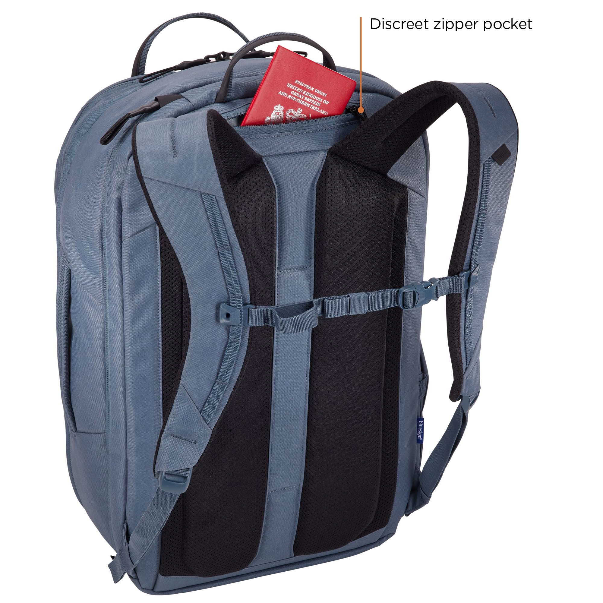 Thule Aion Travel Backpack 40L top pocket view demonstrates quick-access essentials.