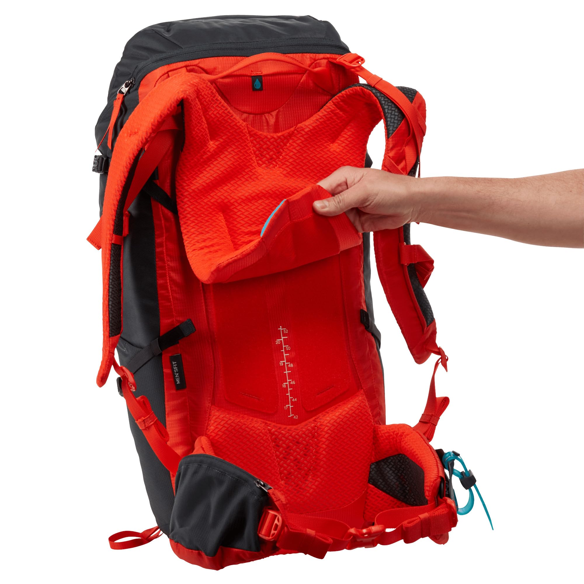 Thule Alltrail side view shows pole holder for quick trekking pole access