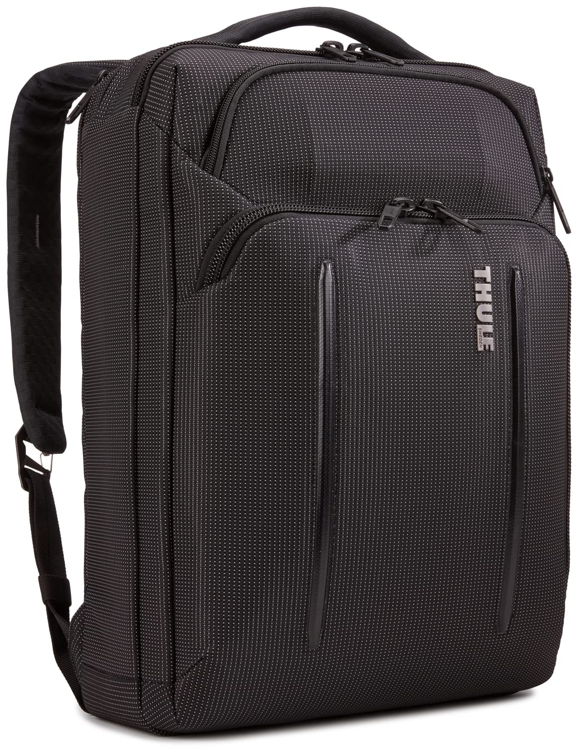 Thule Crossover 2 in convertible mode, showing briefcase-to-backpack versatility for daily work.