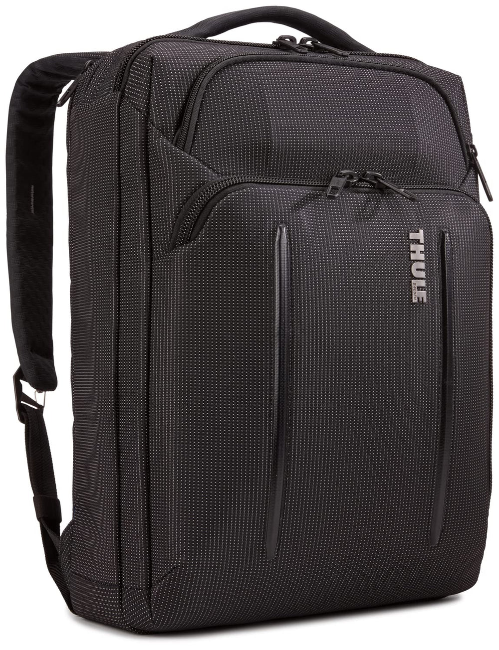 Thule Crossover 2 in convertible mode, showing briefcase-to-backpack versatility for daily work.