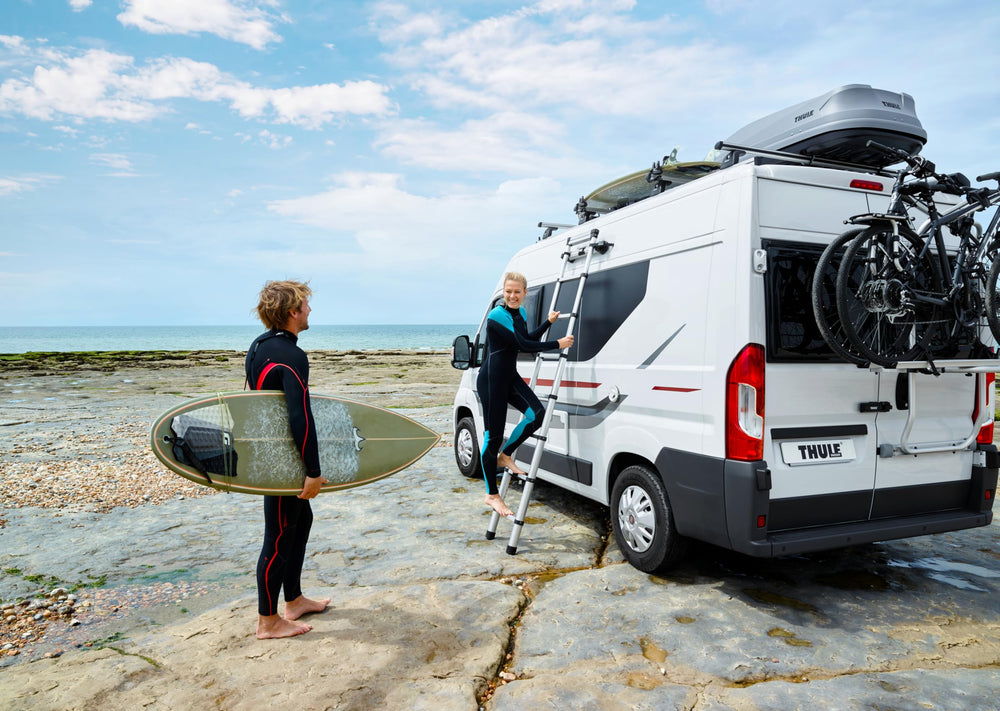 Locking system on Thule Elite Van XT secures bikes during transit