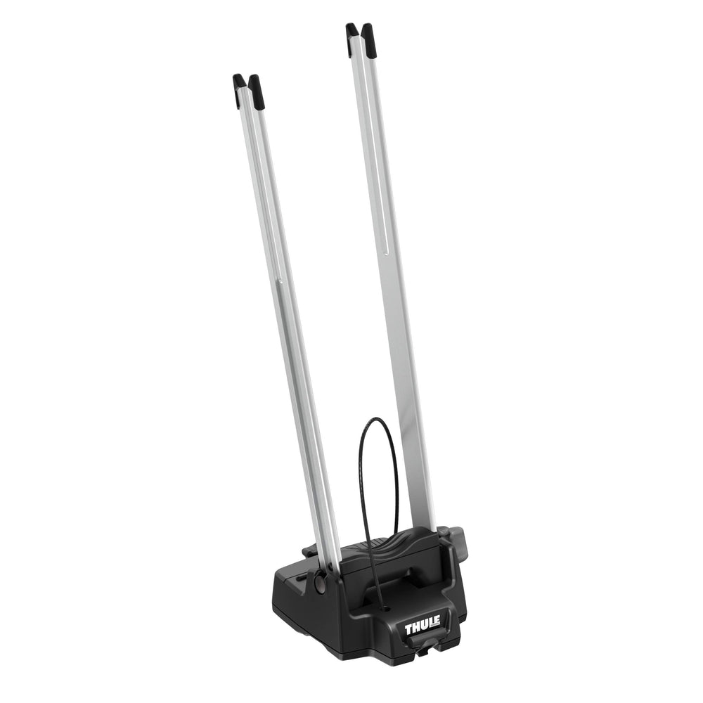 Locked connection demonstrates wheel and holder secured to the roof rack.