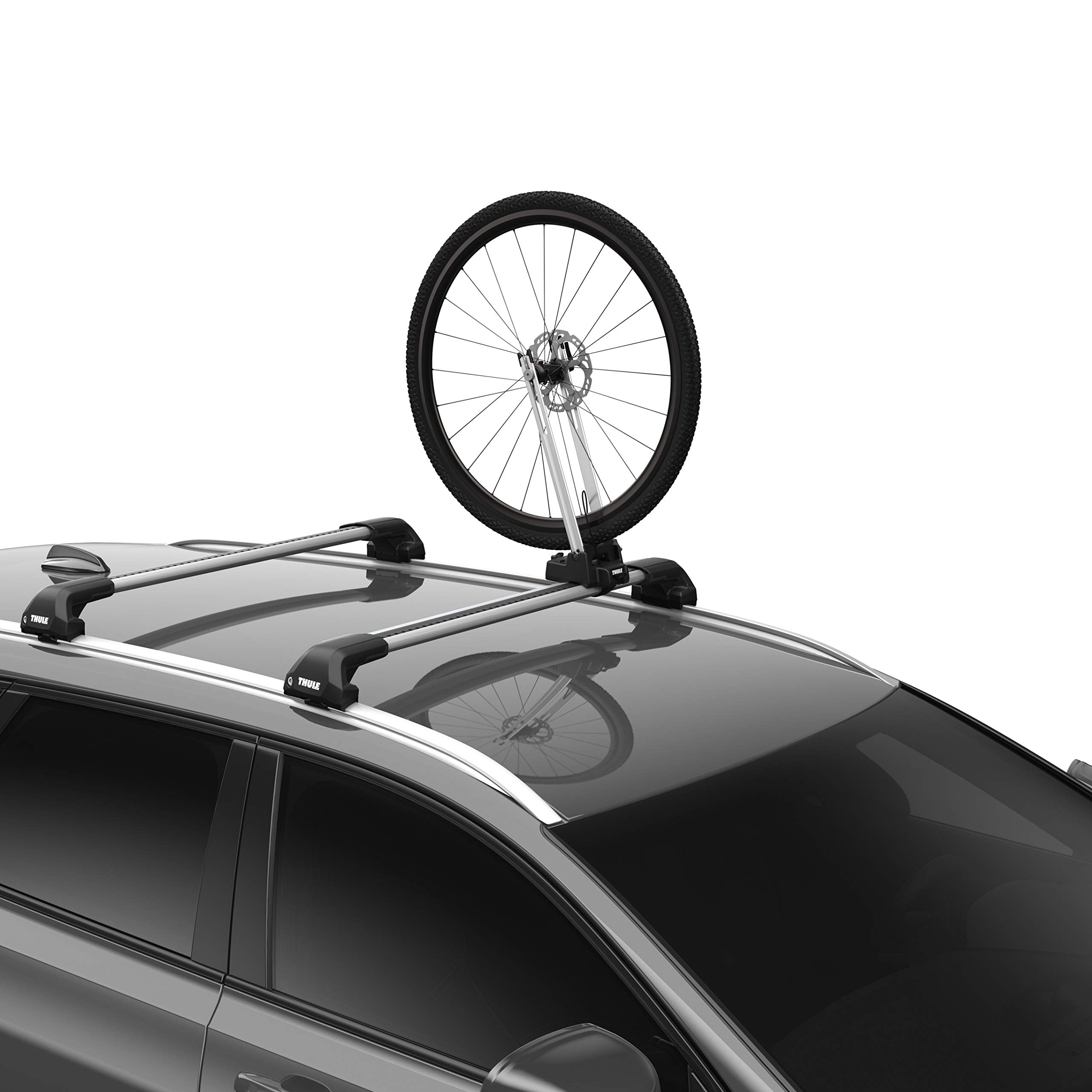Thule Front Wheel Holder mounted on a roof rack securing a wheel for transport.