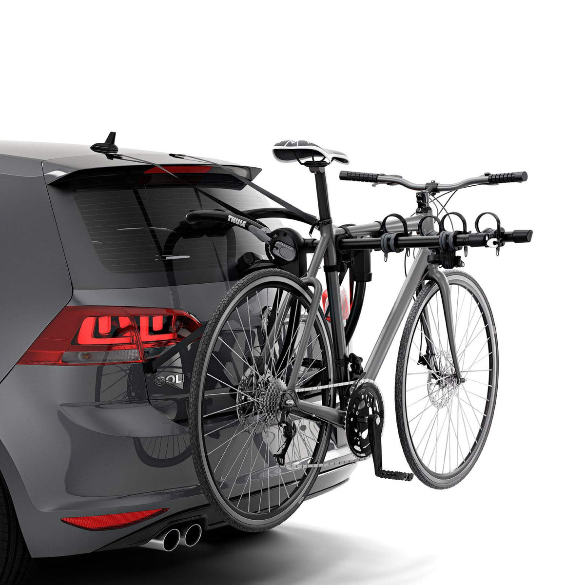 Thule Gateway Pro front view showing secure 3-bike capacity for family trips.