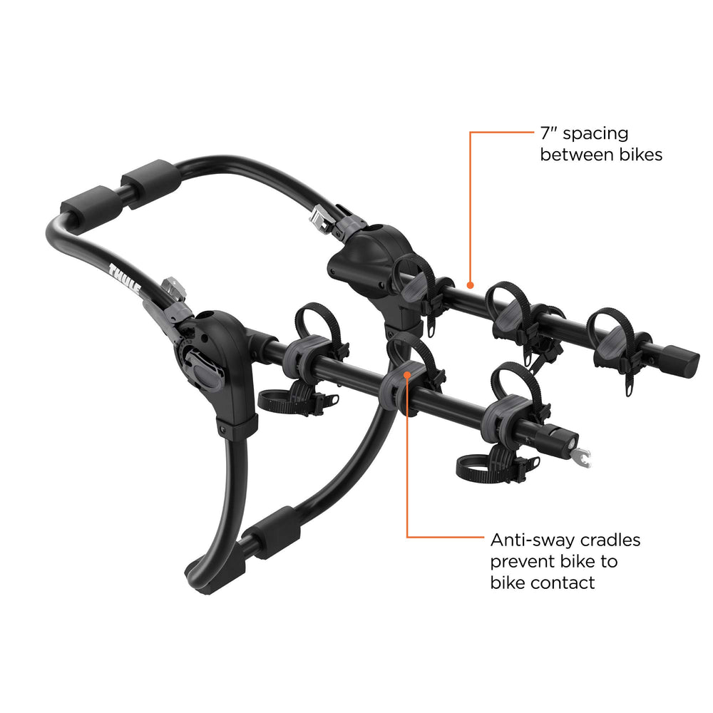 Thule Gateway Pro mounted on car hatchback demonstrates quick, tool-free installation.