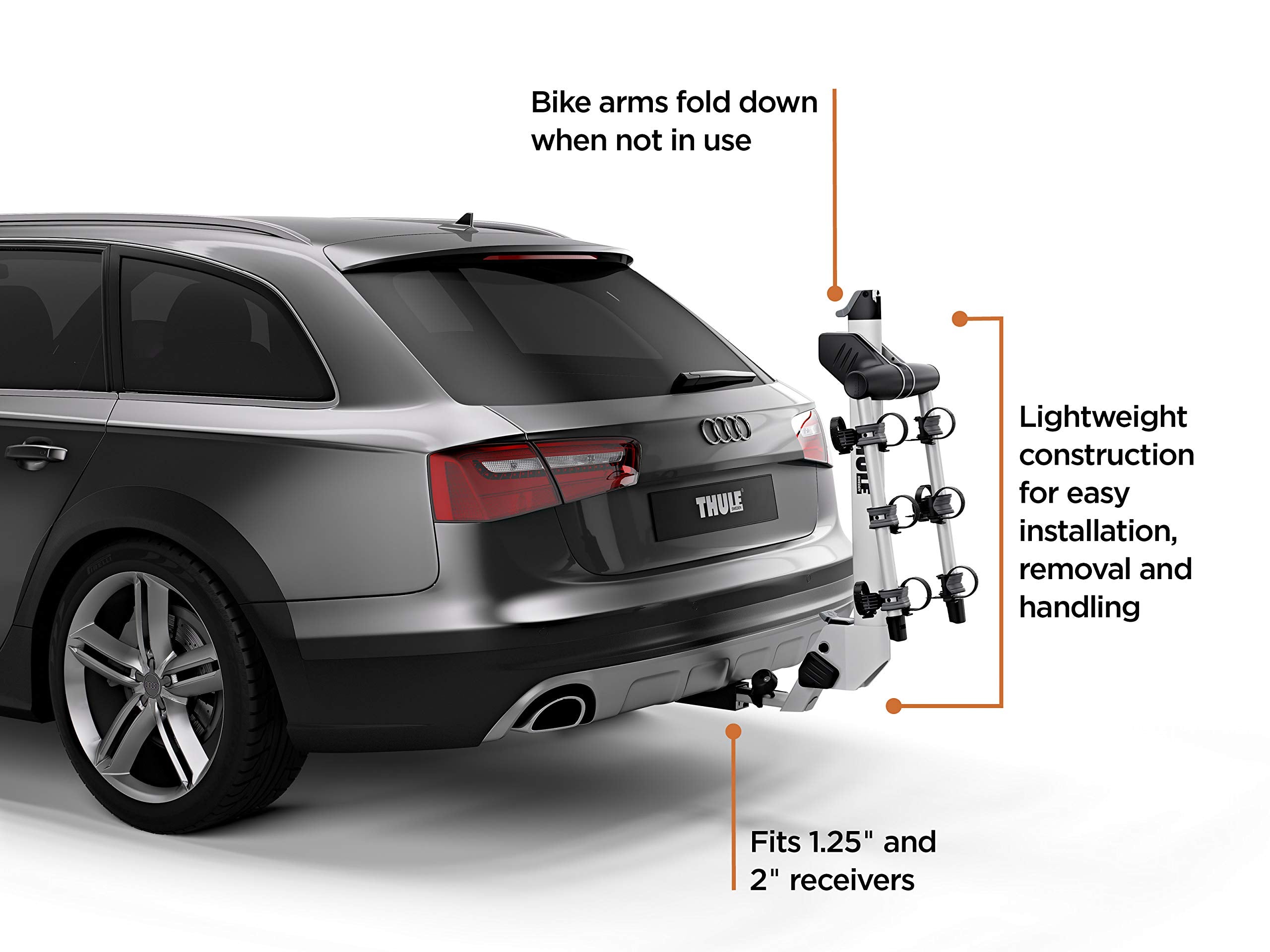 Three bikes secured with Thule Helium Pro demonstrating ample spacing