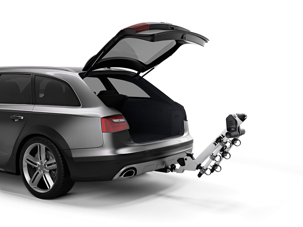 Rack tilted down for trunk access with Thule Helium Pro