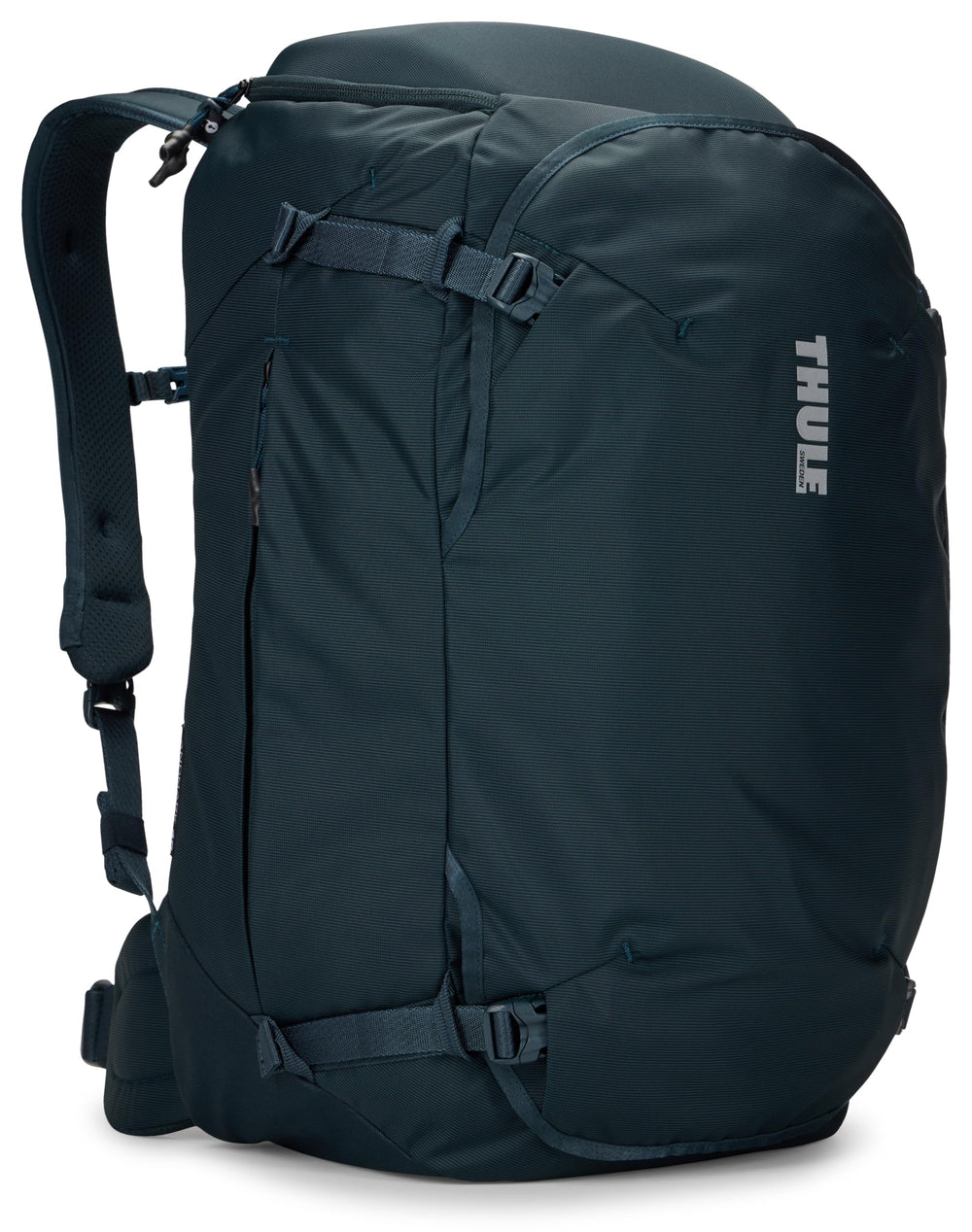 Thule Landmark 40L front view highlights compact carry-on design with organized compartments