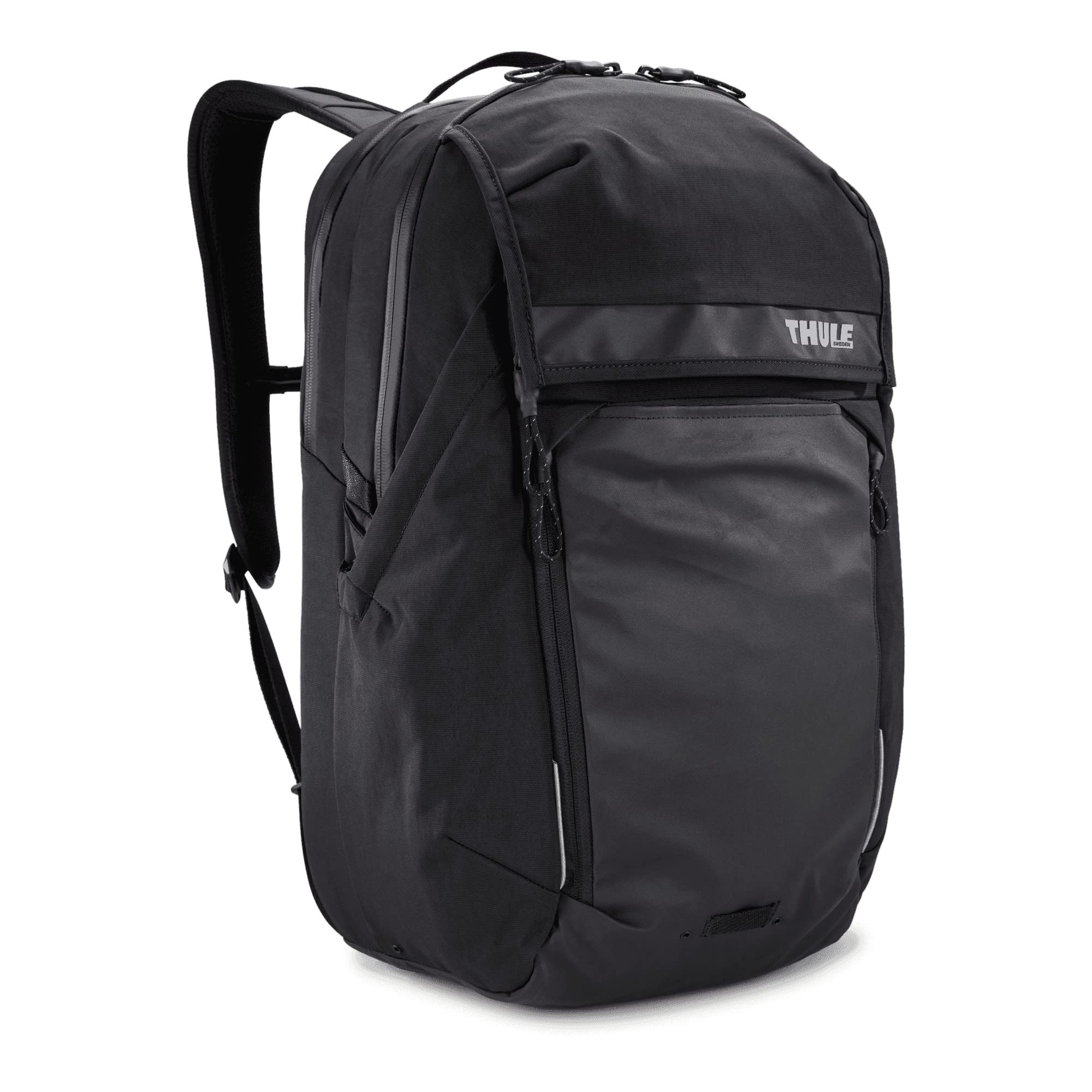 Thule Paramount Commuter Backpack 27L black shown with main compartment organized for daily gear.