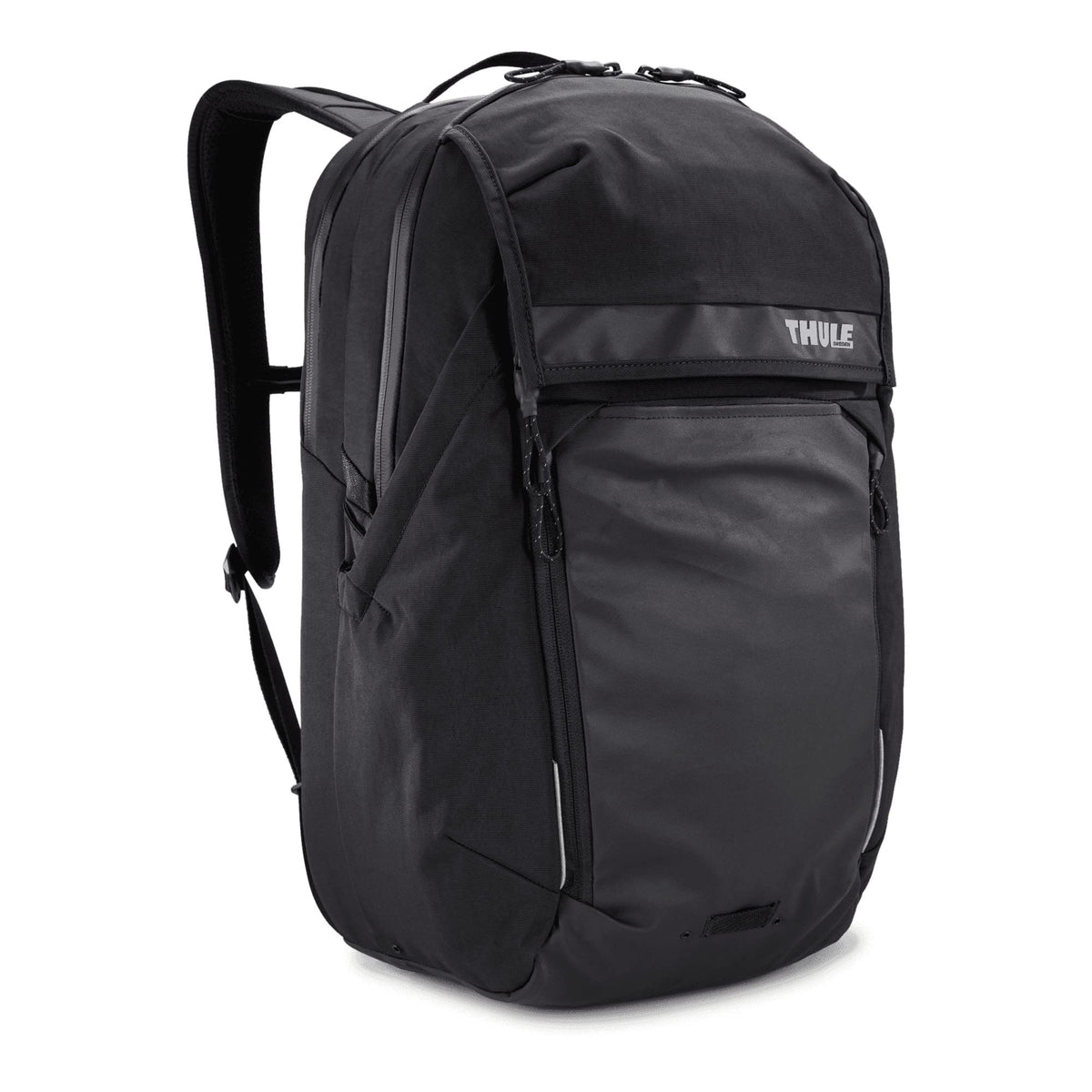 Thule Paramount Commuter Backpack 27L black shown with main compartment organized for daily gear.