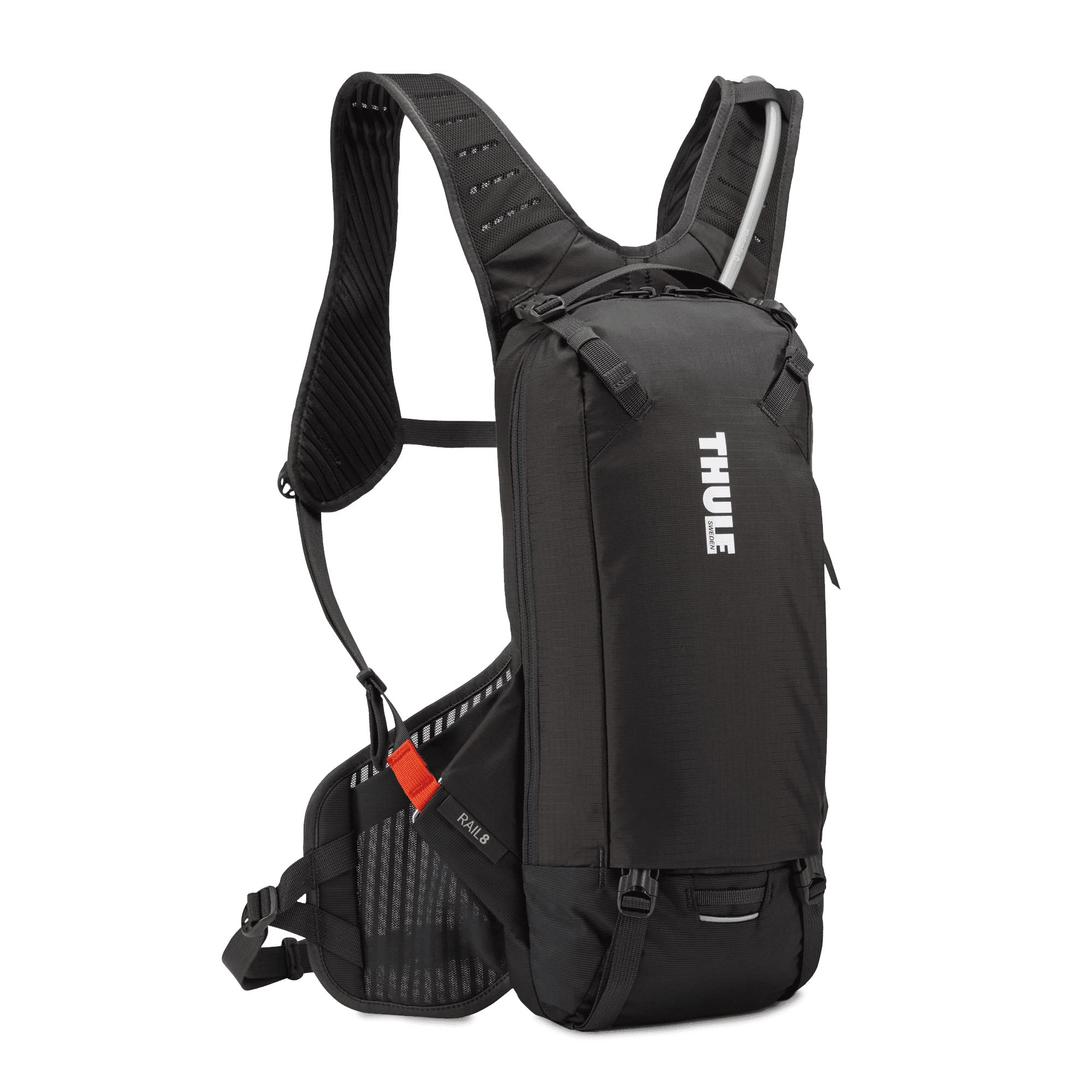 Thule Rail hydration pack front view emphasizes compact stability on rough descents