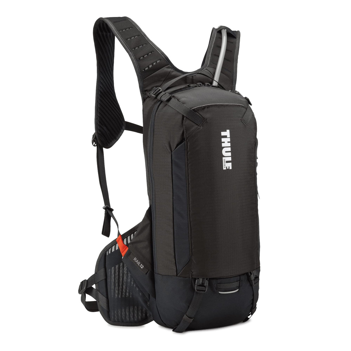 Thule Rail Obsidian 12L on trail showing stability and fit for aggressive riding