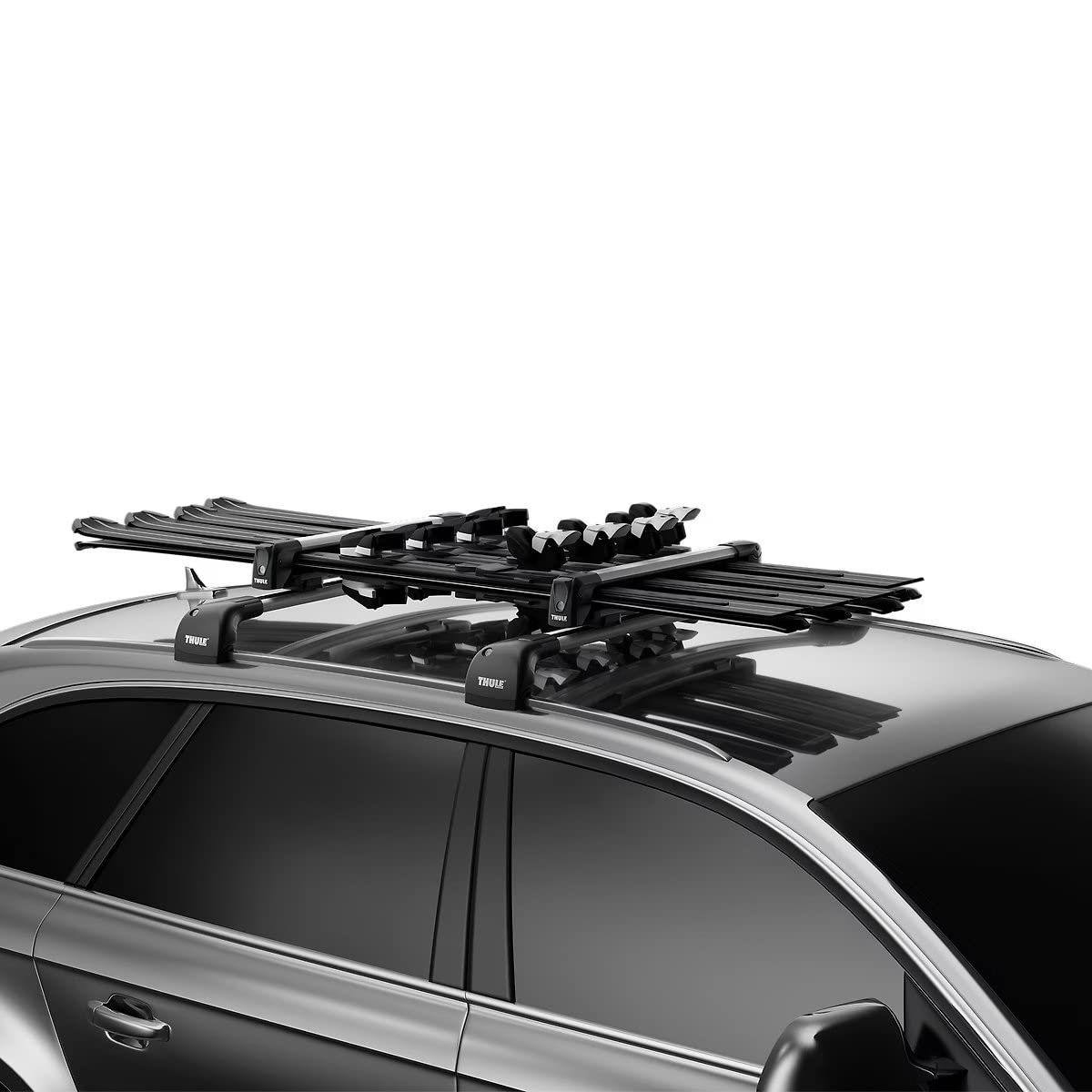 Thule SnowPack anti-theft lock system securing skis to the carrier.