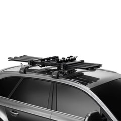 Thule SnowPack anti-theft lock system securing skis to the carrier.