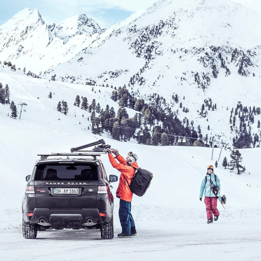 Anti-theft lock system secures skis to the carrier and the carrier to the roof rack.