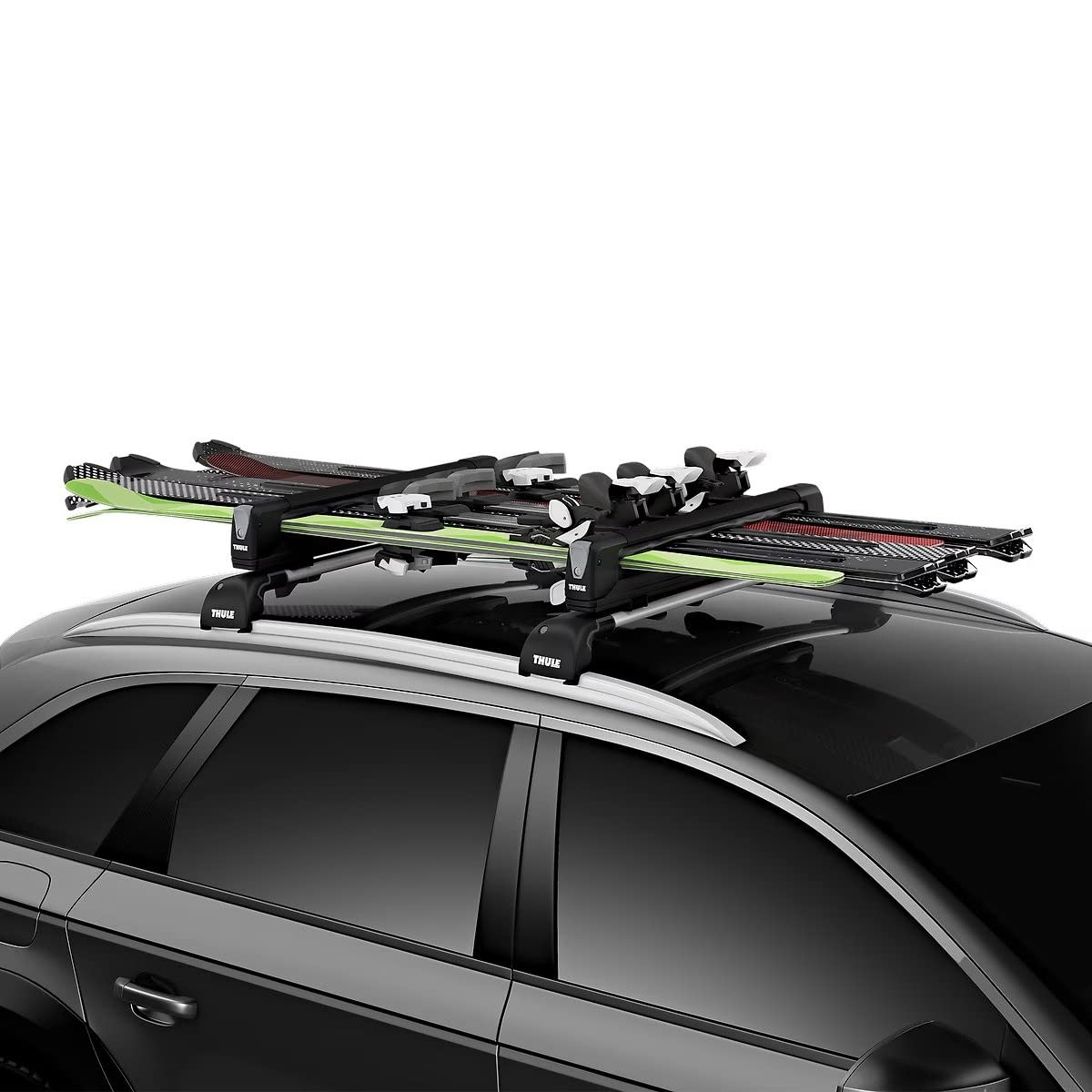 Capacity for six ski pairs or four snowboards is demonstrated in this setup.