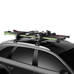 Capacity for six ski pairs or four snowboards is demonstrated in this setup.
