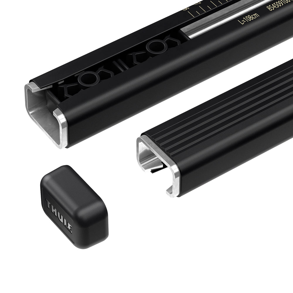 Thule SquareBar 118-47in black installation scale demonstrates quick, tool-free mounting
