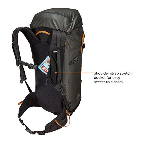 Thule Stir Alpine 40L external tool garage secures ice axes.