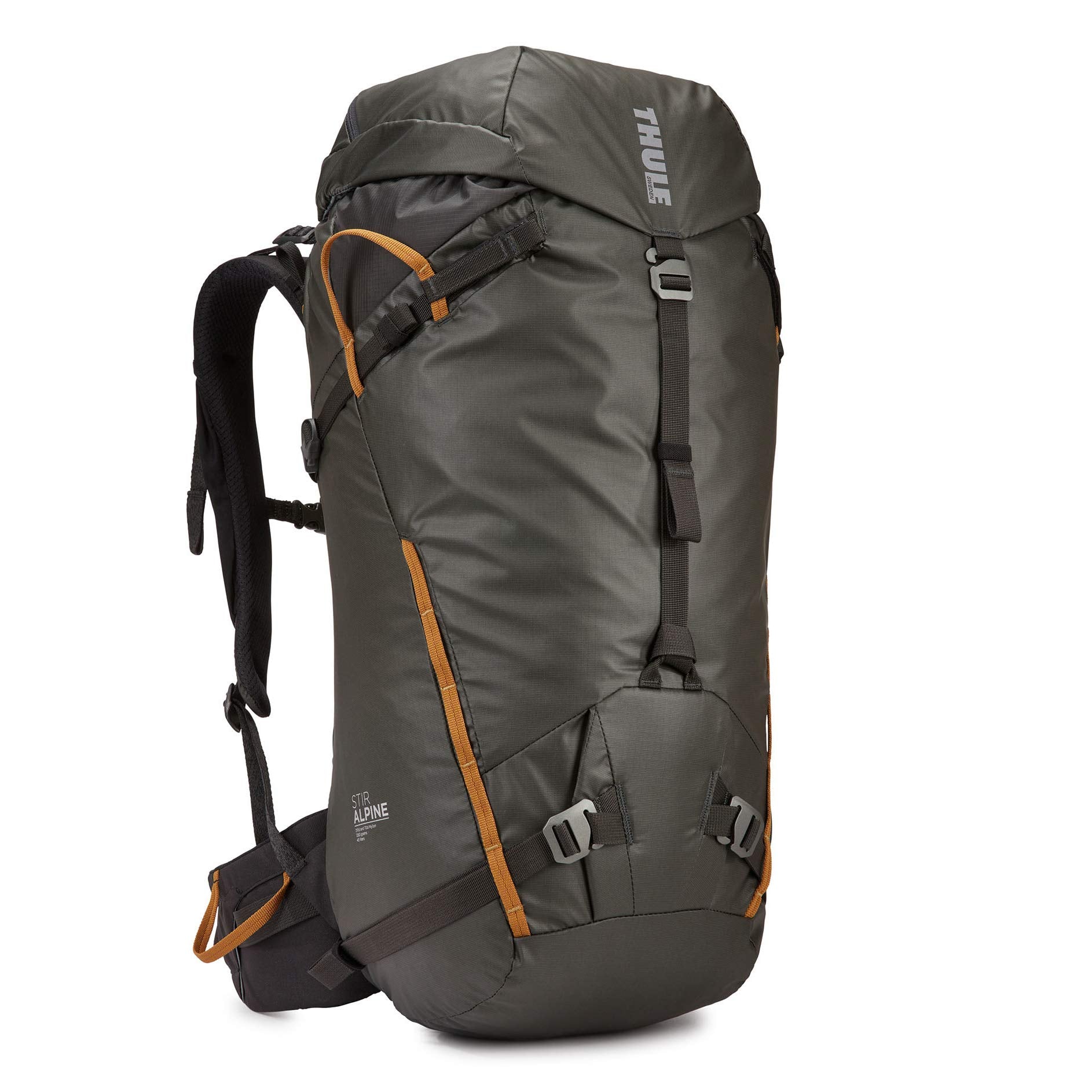 Thule Stir Alpine 40L front view showing rugged build and weather resistance.