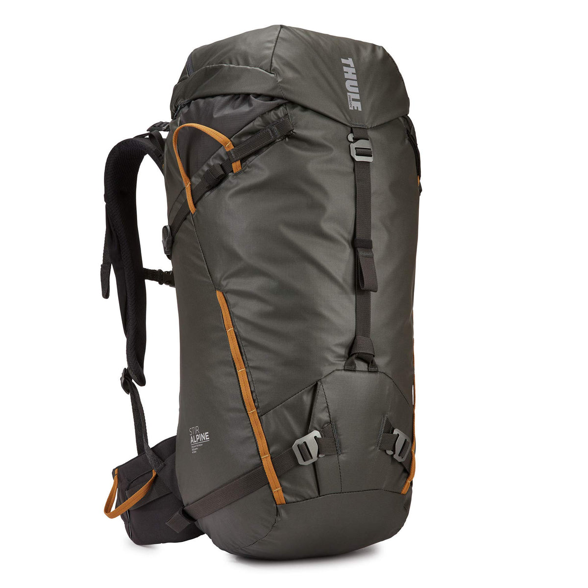 Thule Stir Alpine 40L front view showing rugged build and weather resistance.