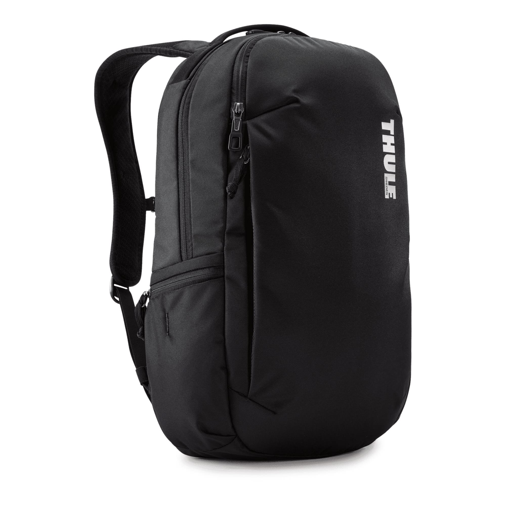Thule Subterra 23L black backpack front view, ideal for daily commuting and electronics protection