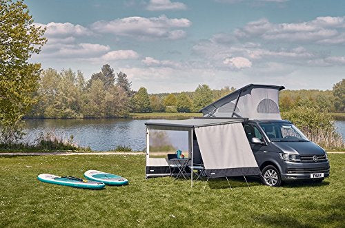 Thule Sun Blocker G2-Side Panel demonstrates easy installation beside an awning.