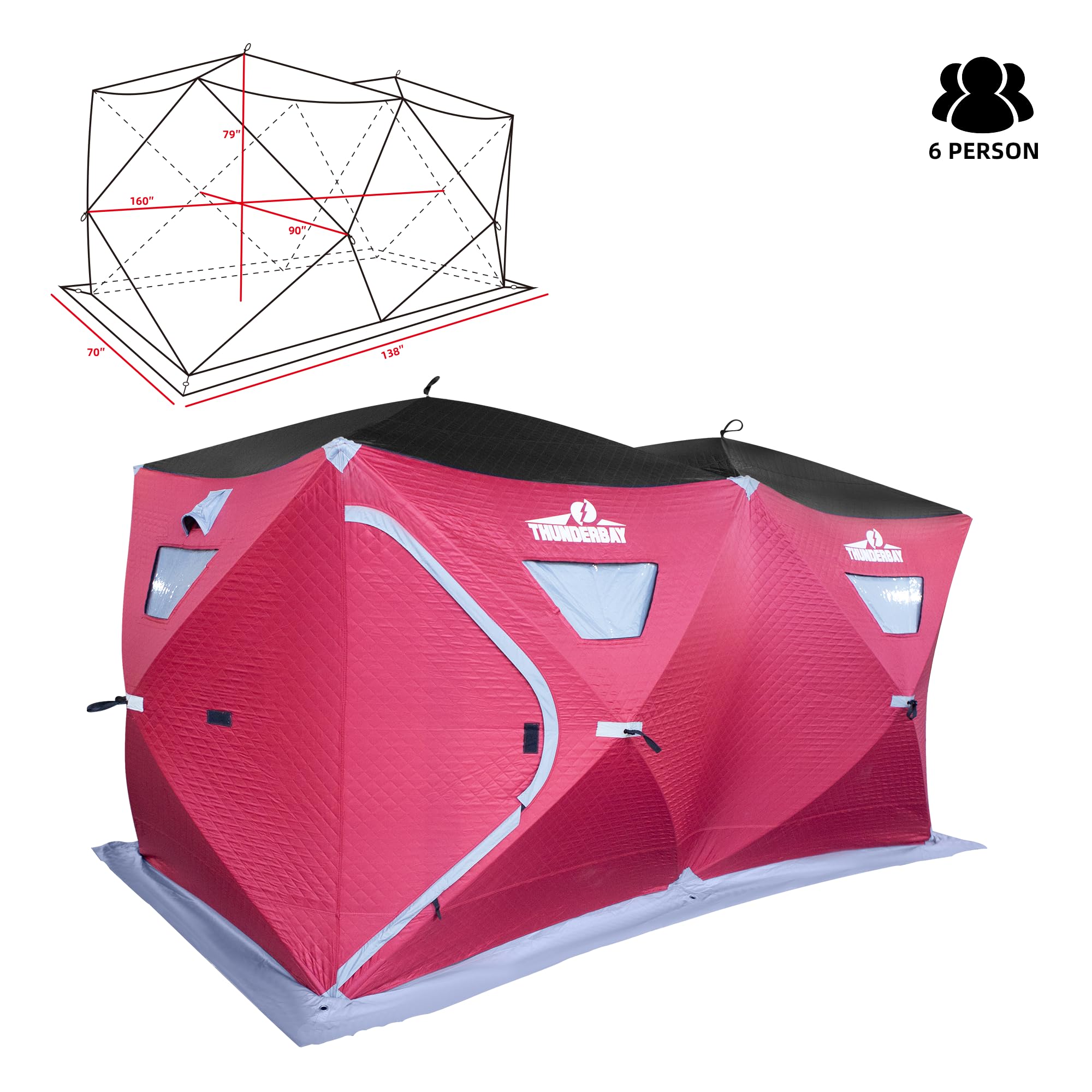 Front exterior of ThunderBay insulated ice shelter on ice