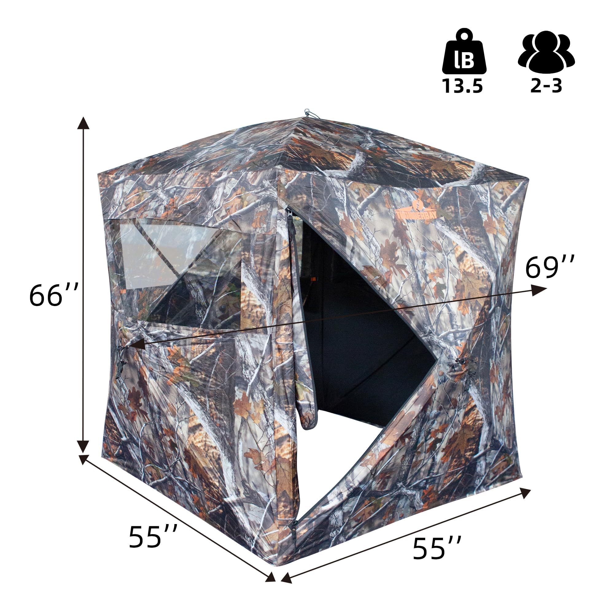 THUNDERBAY Spur Collector 2P side view demonstrates portable ground blind for field hunts